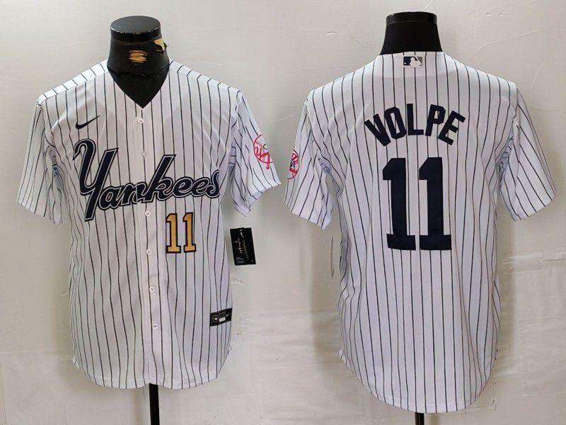 Men New York Yankees #11 Volpe White stripe Three generations of joint names Nike 2024 MLB Jersey style 4->new york yankees->MLB Jersey
